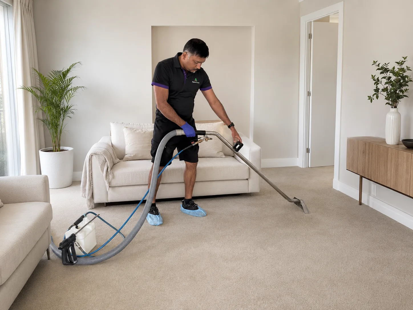 ApexClean carpet cleaning in West Auckland — hot-water extraction in a lounge, wand mid-pass
