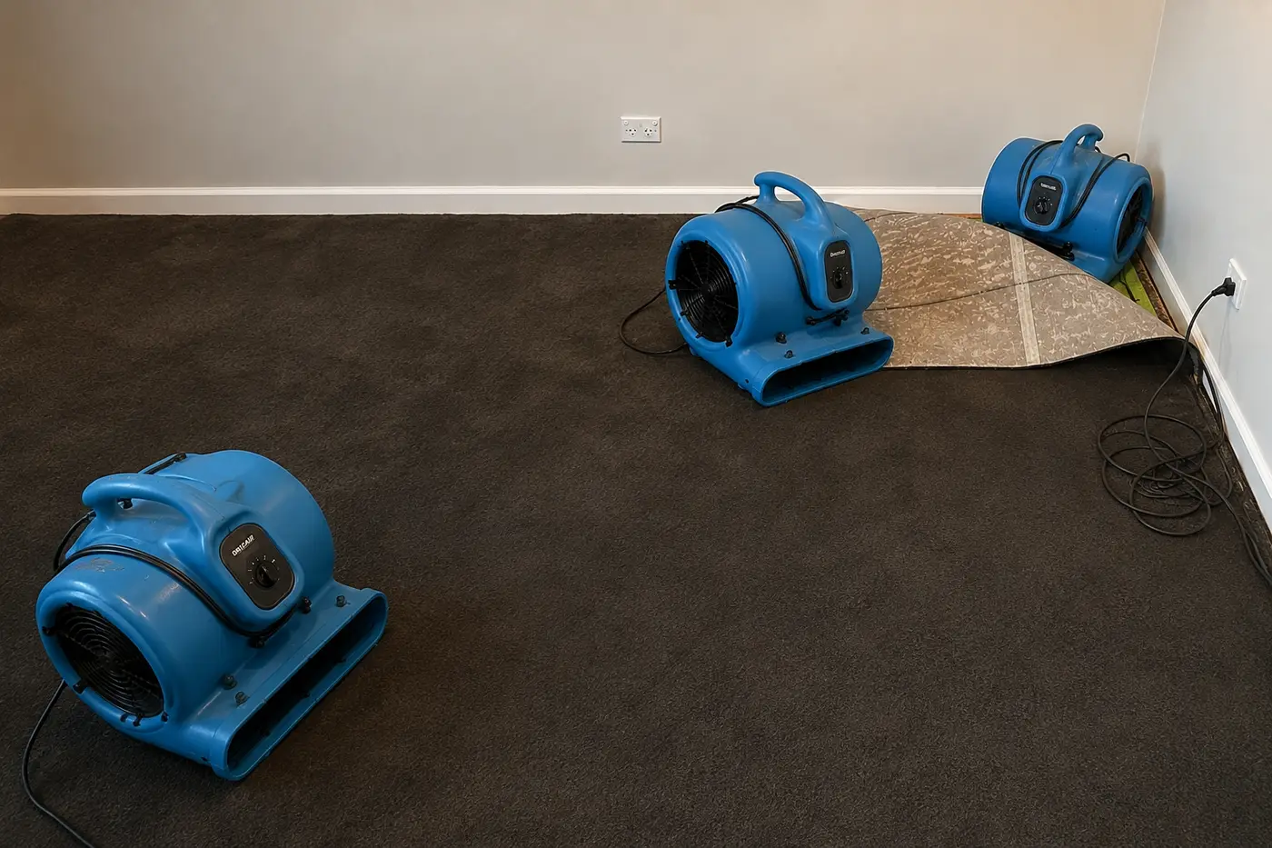 Three air movers running on damp carpet in a bedroom, with one corner of the carpet floated back so air reaches the underlay beneath it.