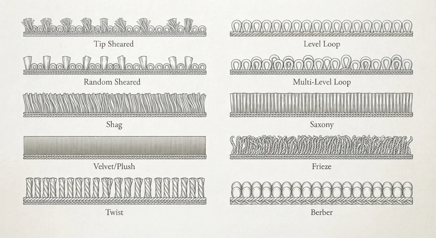 Side-profile cross-sections showing how each carpet pile is constructed on its backing: tip sheared, level loop, random sheared, multi-level loop, shag, saxony, velvet/plush, frieze, twist and berber.