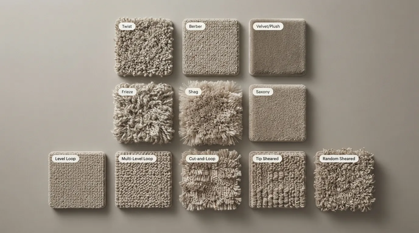 Eleven carpet pile types shown as top-down samples in one wool colour so only the texture differs: twist, berber, velvet/plush, frieze, shag, saxony, level loop, multi-level loop, cut-and-loop, tip sheared and random sheared.