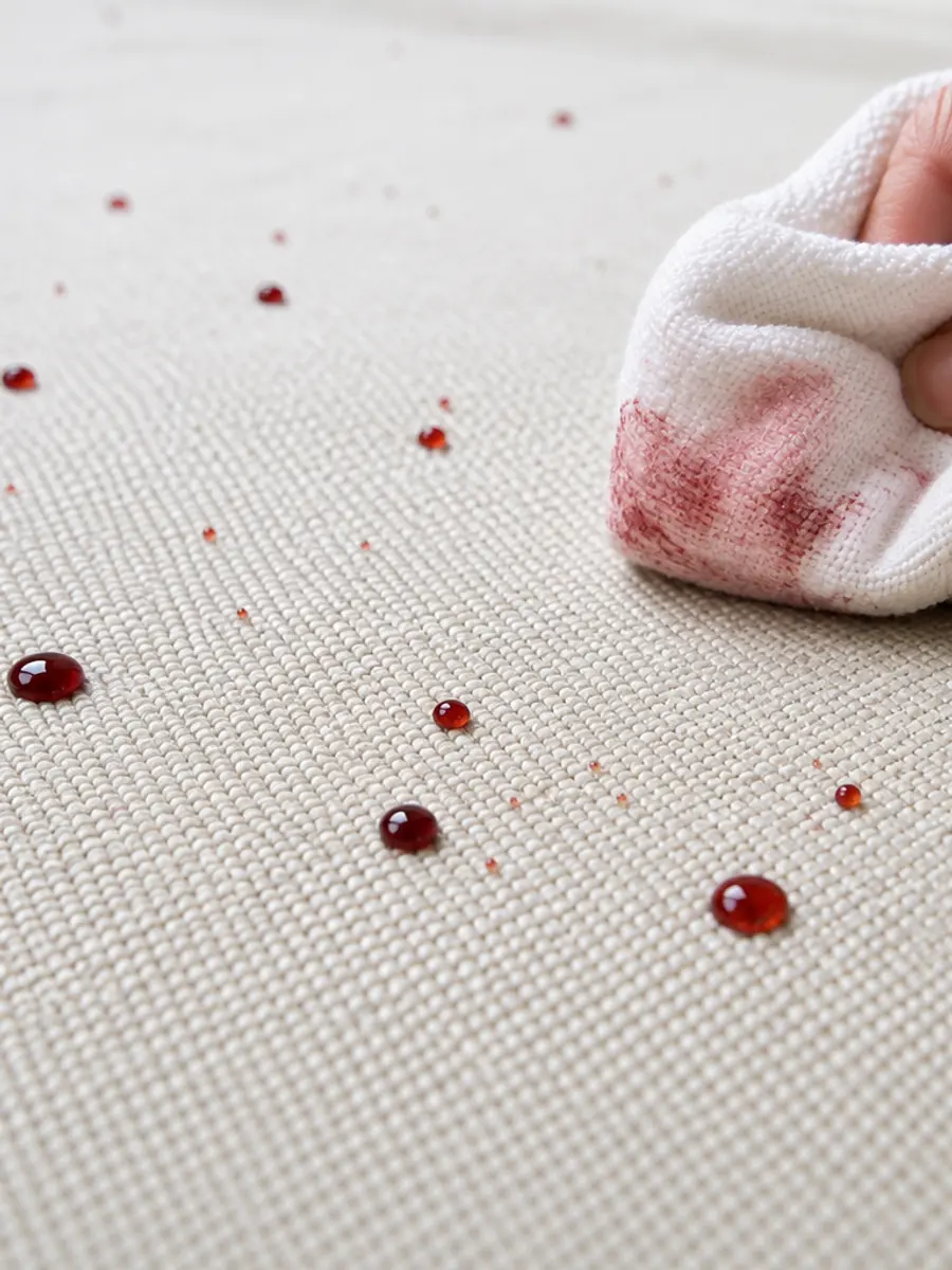 Red wine beading on top of a protected cream fabric weave, being lifted away with a white cloth