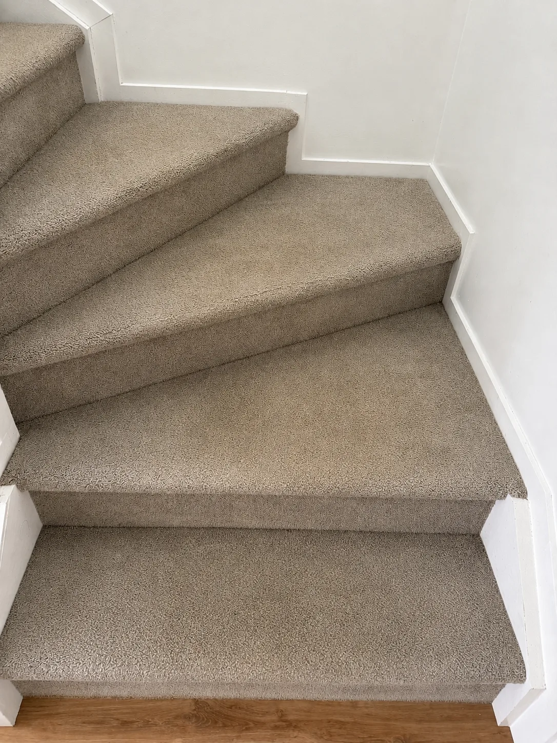 The same staircase after cleaning, the pile texture clear again and the marks gone