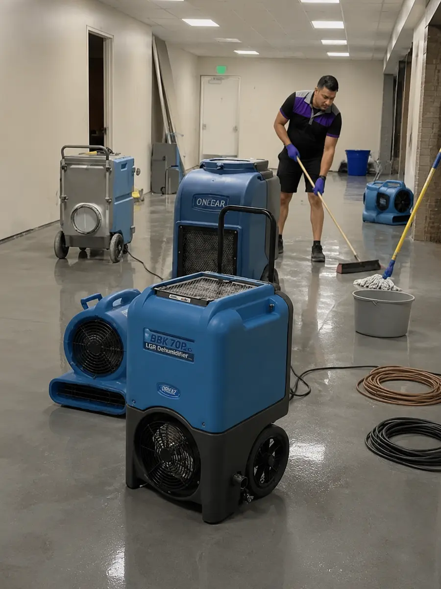ApexClean drying a water-damaged floor with commercial air movers and LGR dehumidifiers